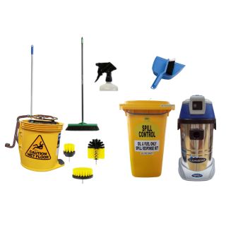 Brushes, buckets, spill kits, triggers and vaccuums